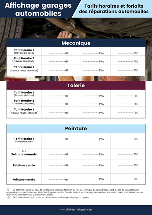 Affichage tarifs horaires et forfaits des réparations – garages automobiles
