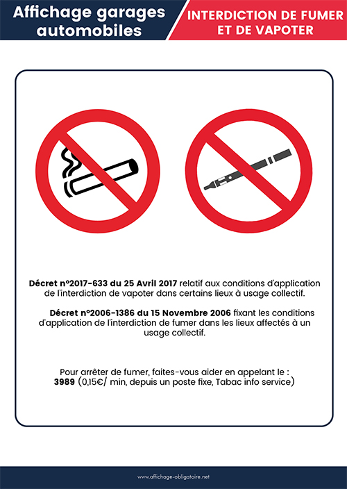 Affichage interdiction de fumer et de vapoter – garages automobiles