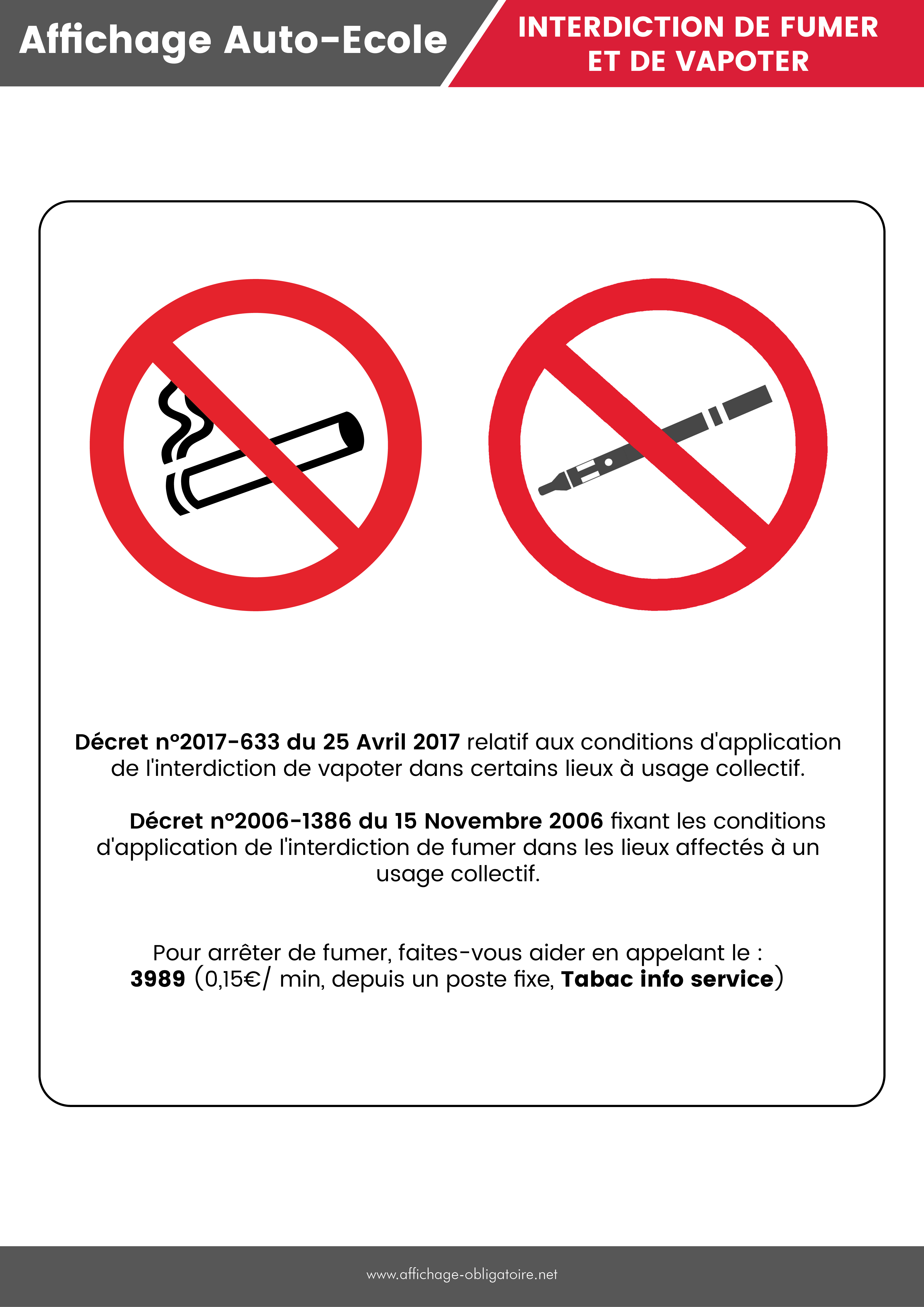 Affichage obligatoire interdiction de fumer et de vapoter auto-école