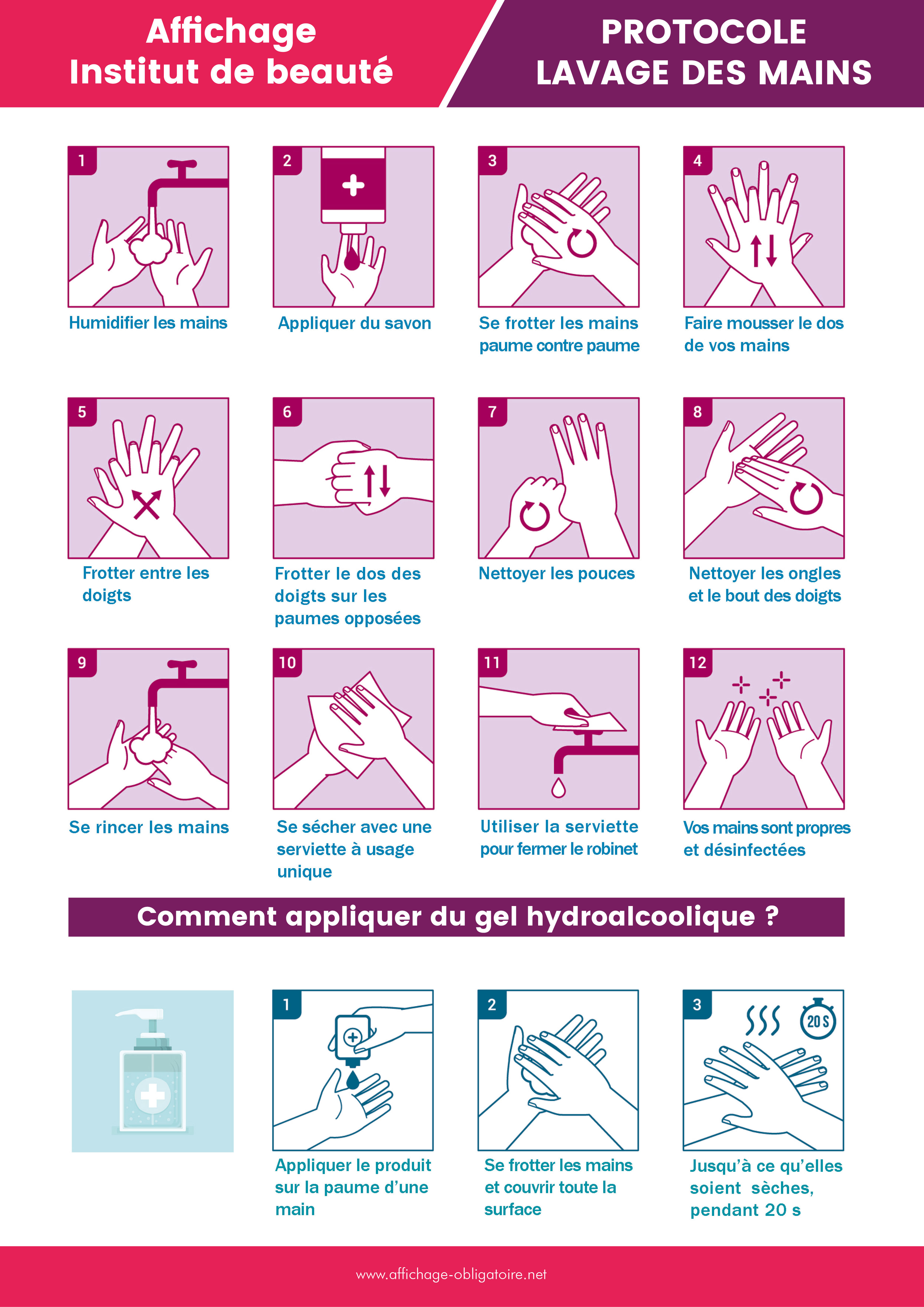 Affichage protocole de lavage des mains dans un institut de beauté