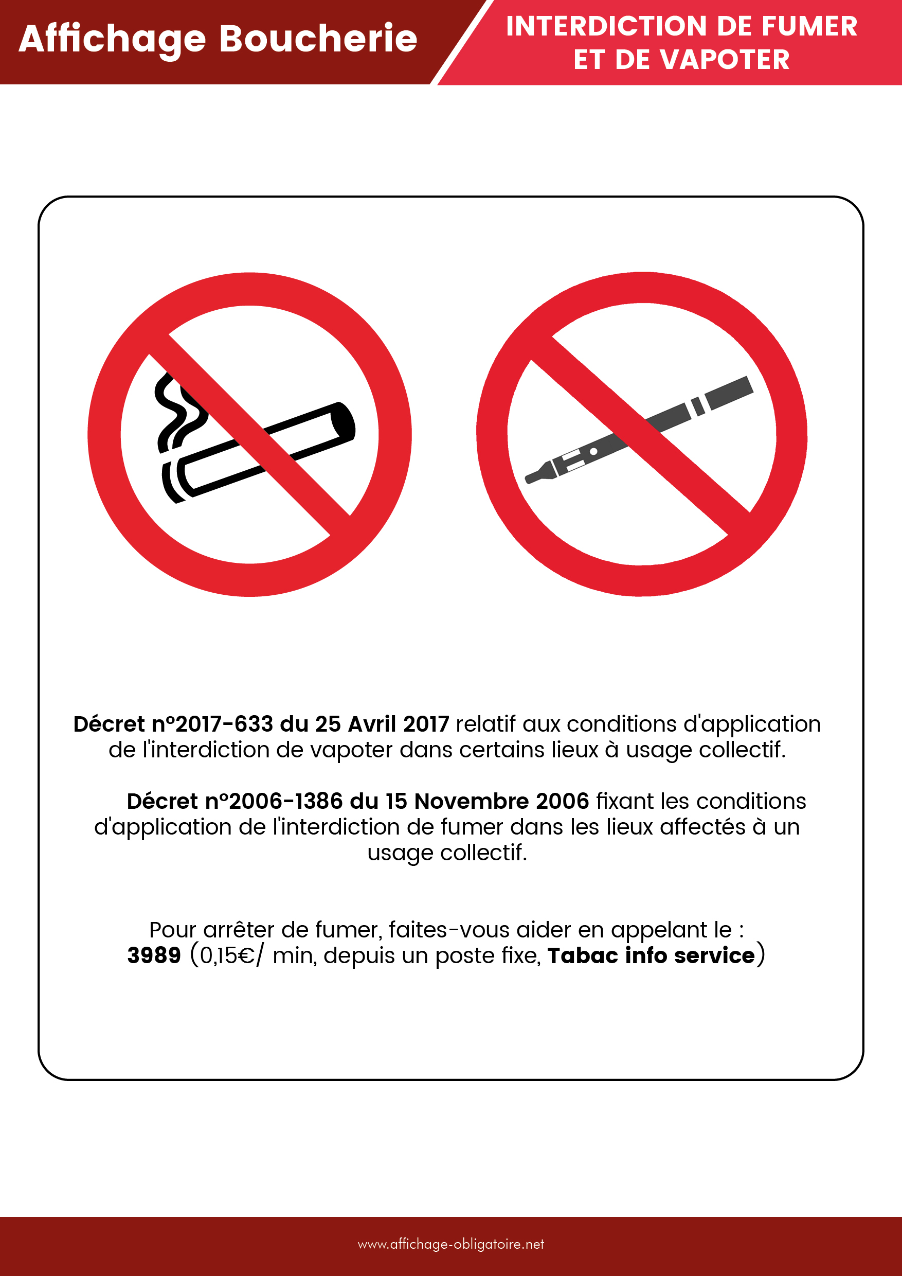 Affichage obligatoire interdiction de fumer et de vapoter dans une boucherie