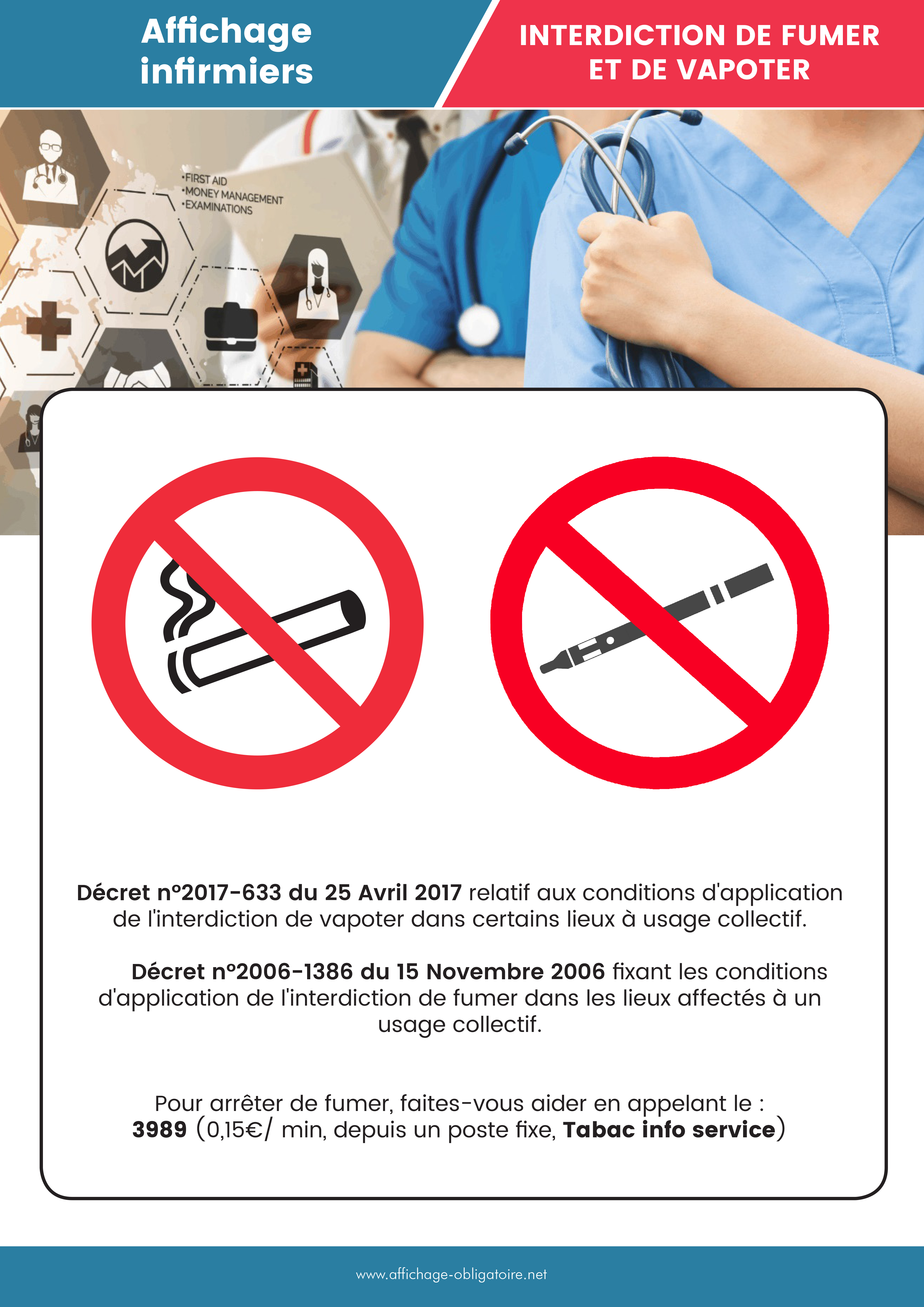 Affichage obligatoire interdiction de fumer et de vapoter infirmiers(ères)