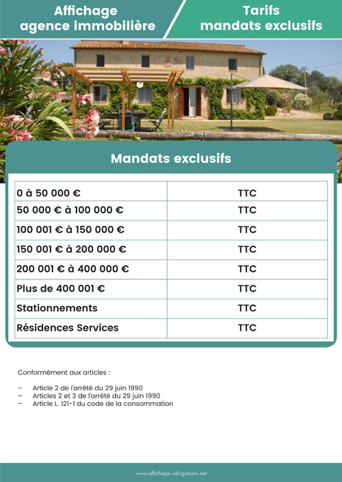 Affichage mandats exclusifs agence immobilière