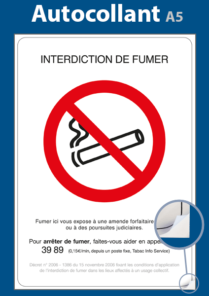 Affichage interdiction de fumer au travail - autocollant A5
