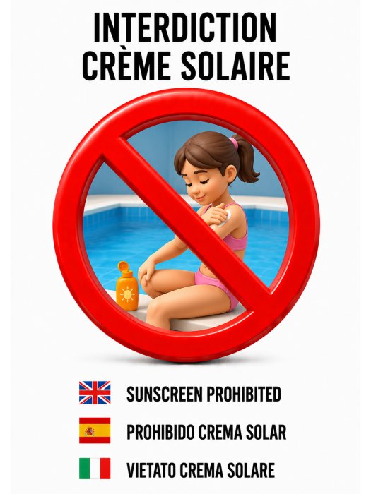 Affiche Interdiction Crème Solaire – Signalétique Multi-Langue (A4)