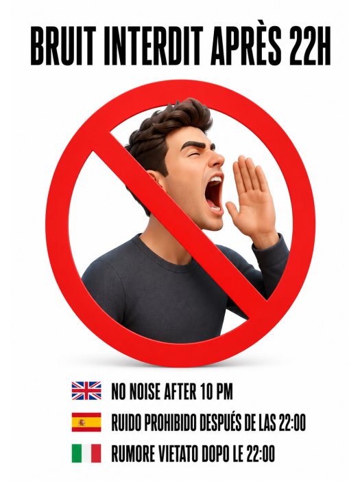 Affiche « Bruit interdit après 22h » – Multilingue (FR/EN/ES/IT)