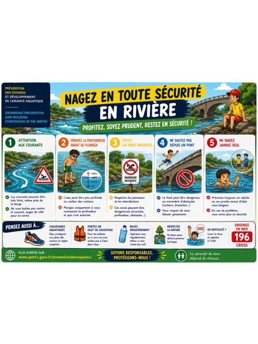 Affiche de prévention noyade en rivière – « Nagez en toute sécurité »
